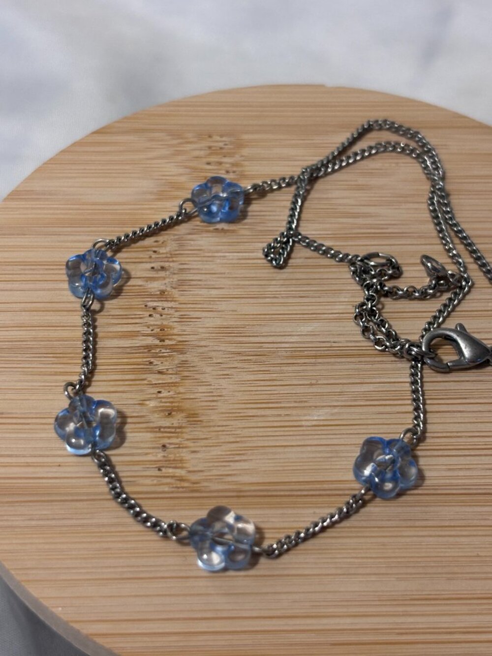 Silver Tone Blue Flower Beaded Necklace – Delicate Floral Chain Necklace